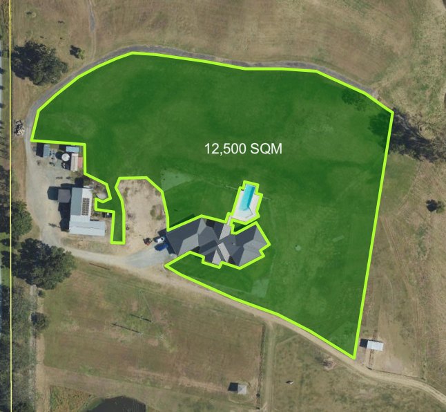 Queensland Globe aerial with the house-surrounds lawn mapped at 12,500 square metres